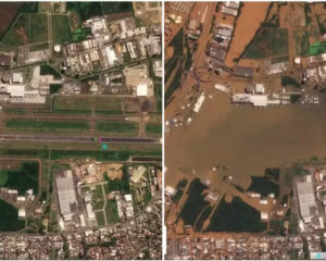 Aeroporto Salgado Filho, em Porto Alegre, antes e depois da enchente do dia 3 de maio. Fonte: Laboratório Lapis, da Universidade Federal de Alagoas via O Globo
