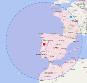 Mapa com raio de 1117 km a partir de Castro Daire (Portugal), onde caiu o meteorito. Mapa gerado por CalcMaps