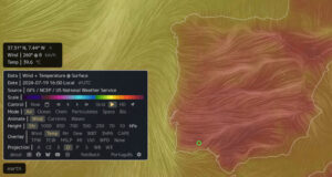 Temperaturas às 15h (hora local) de 19-07-2024 na Península Ibérica (cores) e vento (traços brancos). Fonte: Earth Nullschool