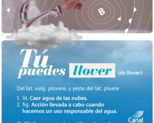Campanha para economia de água na Espanha, com nuvem e isóbaras ao fundo. Fonte: Canal de Isabel II