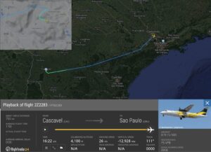 Trajetória do voo acidentado, com destaque para os últimos segundos. Fonte: Flightradar24