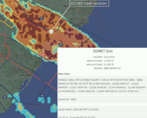 Aviso de gelo sobre mapa e alerta SIGMET. Fonte: Flightradar24
