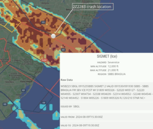 Aviso de gelo sobre mapa e alerta SIGMET. Fonte: Flightradar24
