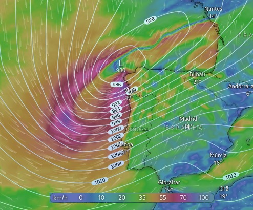 Campo de ventos e isóbaras com ciclone extratropical Kirk atingindo a península Ibérica em 09/10/2024. Fonte: Windy/ECMWF