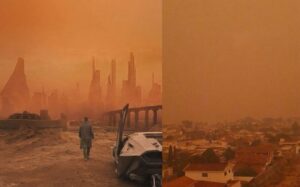 Los Angels pós-apocalíptica no filme Blade Runner 2049 (divulgação) e Ribeirão Preto durante queimadas de 2024 (X/@jotitos)
