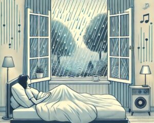Relaxando com a chuva (gerada por IA, DALL-E)