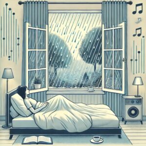 Relaxando com a chuva (gerada por IA, DALL-E)