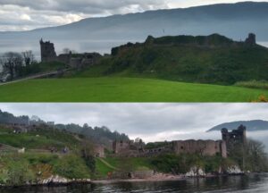Urquhart Castle visto de dois ângulos diferentes. Foto: Eliana Reis