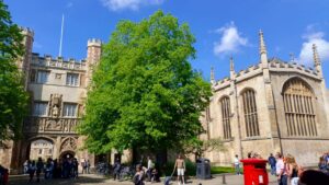 Trinity College - a macieira é a árvore pequena, logo atrás da lixeira cinza. Foto: ViniRoger