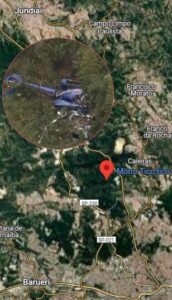 Localização de acidente aéreo em Caieiras e imagem dos destroços. Fonte: g1 e Google Maps