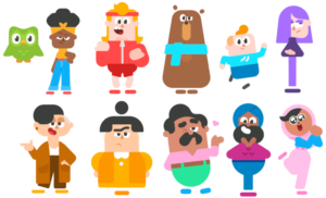 Duo e outros personagens do Duolingo: Bea, Eddy, Falstaff, Junior, Lily (acima); Lin, Lucy, Oscar, Vikram, Zari (abaixo)