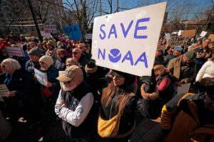 Manifestante em Silver Spring (Maryland) pede que a NOAA 'seja salva' em um protesto contra cortes em órgãos científicos realizados pelo governo Trump. Fonte: Chip Somodevilla, 3.mar.2025/Getty Images via AFP