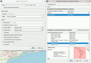 Telas do QGIS para importação de shapefile "terras_indigenas.shp" como uma layer