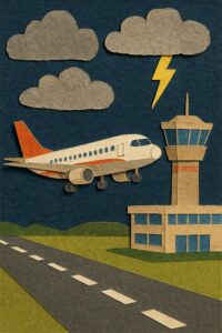 Arte estilo colagem feita por IA de aeroporto com avião e nuvens