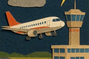 Arte estilo colagem feita por IA de aeroporto com avião e nuvens