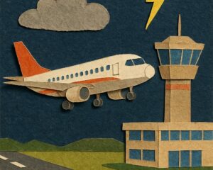 Arte estilo colagem feita por IA de aeroporto com avião e nuvens