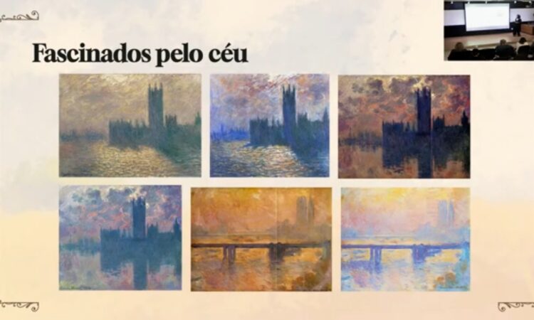 Pinturas de Monet em Londres sob diferentes condições atmosféricas em slide transmitido da palestra