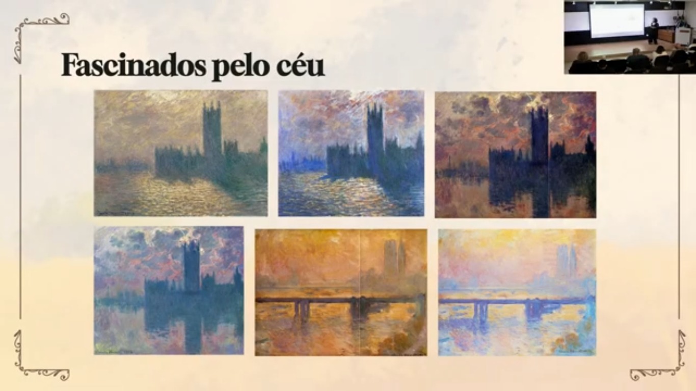Pinturas de Monet em Londres sob diferentes condições atmosféricas em slide transmitido da palestra
