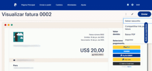 Visualização de fatura com menu aberto nos "três pontinhos"