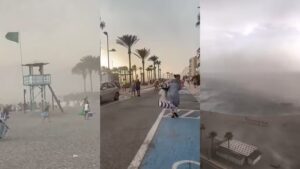 Registros do fenômeno meteorológico que provocou correria em praias de Granada, no sul da Espanha. Fotos: X/Reprodução