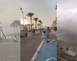 Registros do fenômeno meteorológico que provocou correria em praias de Granada, no sul da Espanha. Fotos: X/Reprodução