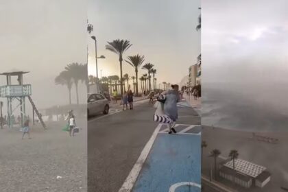 Registros do fenômeno meteorológico que provocou correria em praias de Granada, no sul da Espanha. Fotos: X/Reprodução