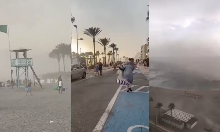 Registros do fenômeno meteorológico que provocou correria em praias de Granada, no sul da Espanha. Fotos: X/Reprodução
