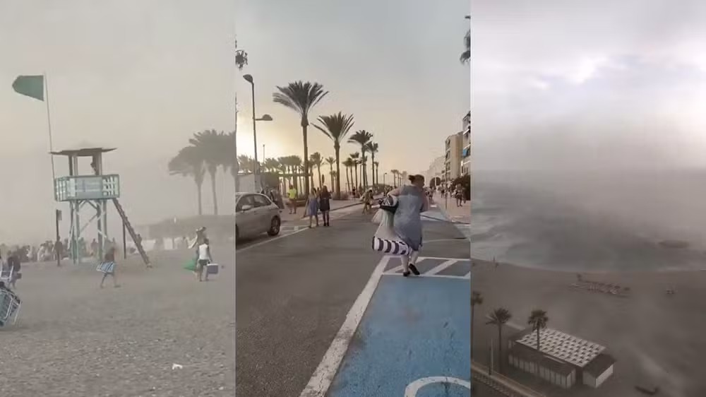 Registros do fenômeno meteorológico que provocou correria em praias de Granada, no sul da Espanha. Fotos: X/Reprodução