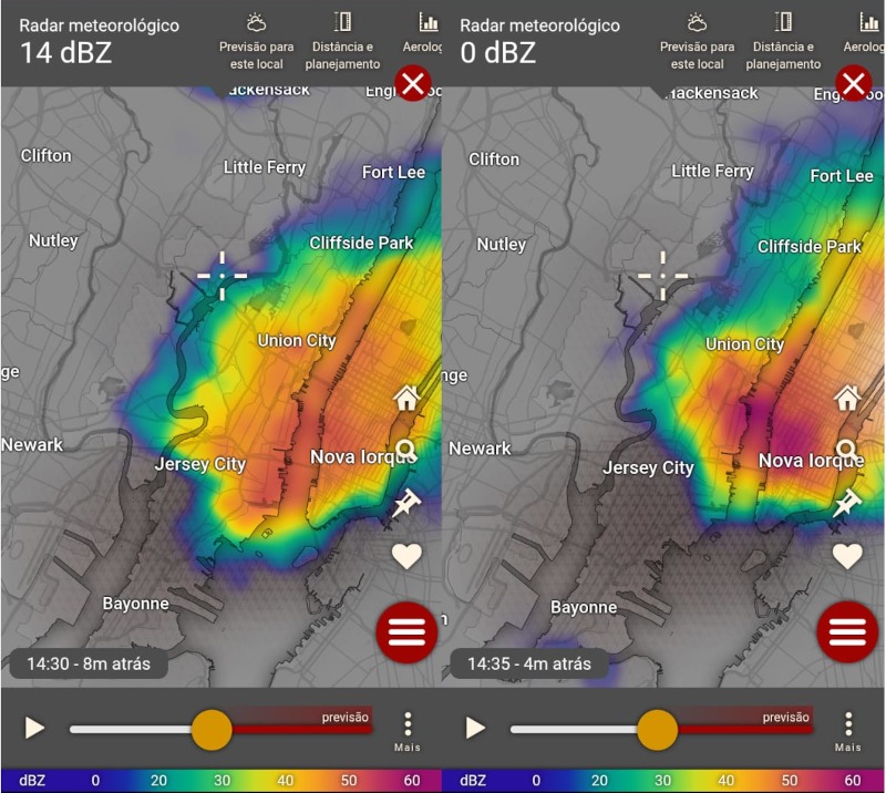 Imagens de radar de instantes próximos ao alerta (em horário de Brasília), indicando chuva forte e granizo (área com valores próximos a 60 dBz) próximo ao local do estádio, sinalizado com uma cruz. Fonte: Windy