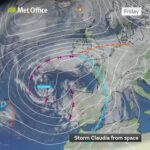 Imagem de satélite com isóbaras e frentes de 14/11/2025. Fonte: Met Office