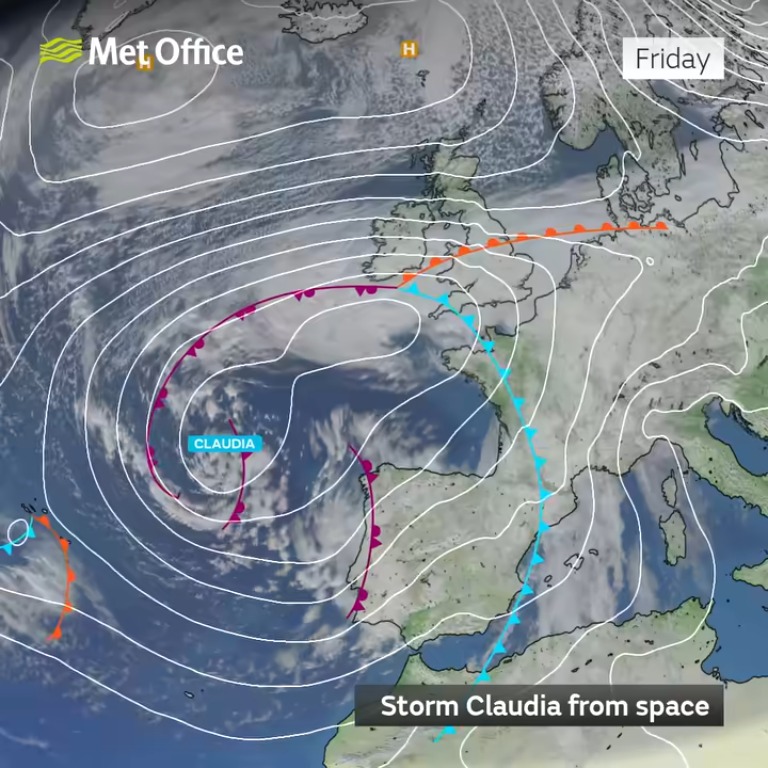 Imagem de satélite com isóbaras e frentes de 14/11/2025. Fonte: Met Office