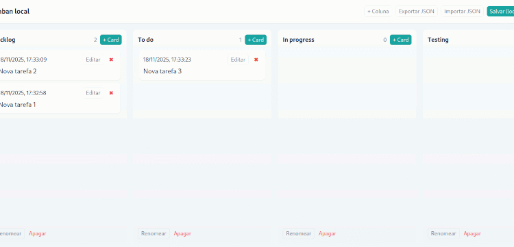 Tela do Kanban descrito nessa página