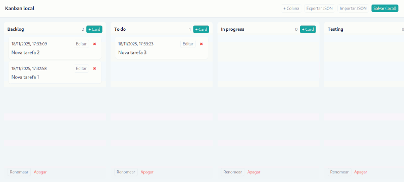 Tela do Kanban descrito nessa página