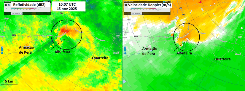 Imagens de radar do evento de tornado em Albufeira em 15/11/2025. Fonte: IMPA