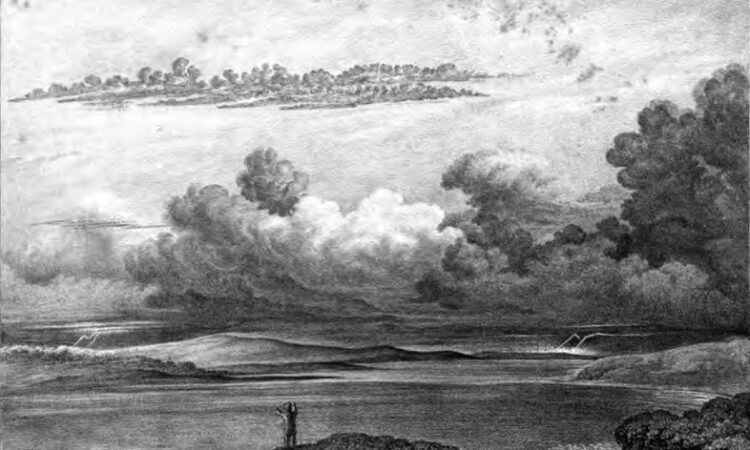 Formas assumidas pelas nuvens quando se reúnem para uma tempestade - Um céu cheio de exemplos das formas peculiares assumidas pelas nuvens quando se reúnem para uma tempestade de trovão. (As nuvens densas à frente, embora características em suas formas, não estão suficientemente envoltas em uma distância sombria.) O Nimbus atrás, à esquerda, está melhor posicionado, e mostra-se cruzado, como às vezes ocorre, por um denso Cirro-stratus. O Cirro-cumulus, logo acima, é altamente característico em sua estrutura; e o grande e denso Cirrus acima pertence igualmente ao trovão que se aproxima. “L. H. — Março, 1849.”