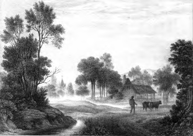 Stratus ou nevoeiro terrestre - Esta imagem apresenta, misturado aos elementos comuns de uma paisagem, o início de um Stratus, ou névoa vespertina, que se eleva lentamente pelo vale, para em breve tornar-se um corpo denso de nuvem, repousando com superfície nivelada sobre o solo como um lago de água; e possivelmente, no dia seguinte, cobrindo o país com um nevoeiro. Acima, no céu azul, aparecem traços de Cirrus. “L. H. - Março, 1849.”