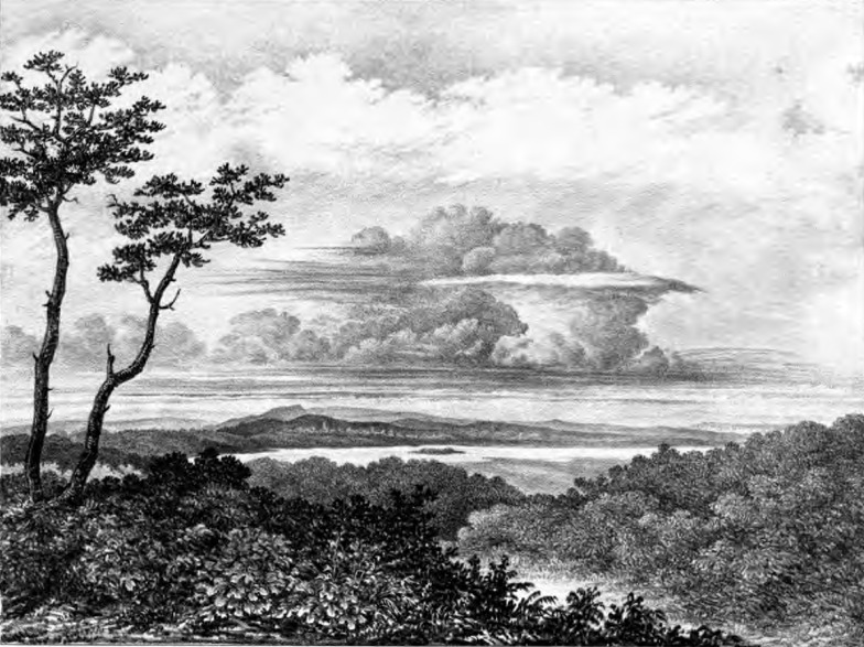 Cumulostratus, como produzido pela inosculação de cumulus com cirrostratus, cirri acima passando para cirrocumulus - Este é um belo exemplar da modificação Cumulo-stratus, ilustrando o modo como é ocasionalmente produzido pela inosculação, ou atração mútua, de um Cumulus e um Cirro-stratus. Esses elementos do composto também aparecem separados no grupo. Acima, no céu azul, estão Cirri tendendo à mudança que os transforma em Cirro-cumulus. A imagem é de Kenyon; o esboço foi de L. H., em uma bela noite, após chuvas. “L. H. — Março, 1849.”