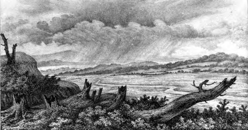 Nimbus, ou nuvem de chuva - Uma Nimbus, ou nuvem de chuva, deixando cair uma pancada a uma distância moderada: abaixo e no horizonte veem-se duas nuvens ainda ao sol, que, pela expansão de seus topos, mostram considerável avanço em direção ao mesmo estado. A paisagem é de Kenyon. O céu é um de vários esboços dados a ele pelo autor das Modificações. “L. H. - Março, 1849.”