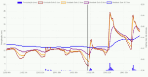 Valores de precipitação e de umidade do solo em diferentes profundidades