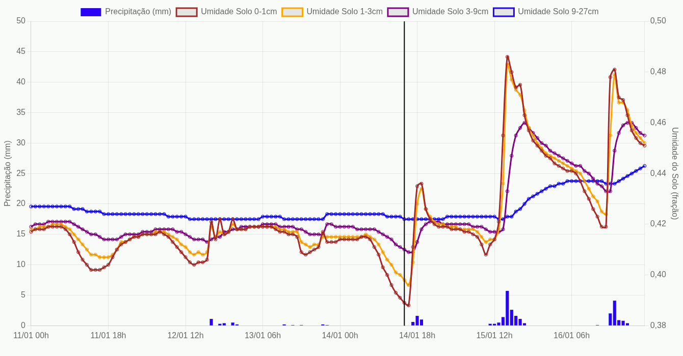 Valores de precipitação e de umidade do solo em diferentes profundidades - modelo DWD ICON Global (2026 - EM IAG/USP)
