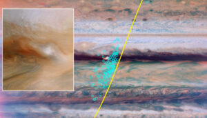 A sonda Juno da NASA passou de norte a sul (trajeto amarelo) sobre a atmosfera de Júpiter em 17 de agosto de 2022, detectando um conjunto de pulsos de rádio provenientes de raios (símbolos ciano indicam a direção de cada pulso captada pelo instrumento). No detalhe, uma pluma de supertempestade furtiva na Faixa Equatorial Norte de Júpiter em 12 de janeiro de 2022 (ampliada 3x). A cabeça da tempestade é branca devido aos cristais de amônia congelados; as nuvens mais vermelhas estão em camadas mais profundas da atmosfera. Fonte: NASA/JPL-Caltech/SwRI/MSSS/Björn Jónsson (JunoCam); Wong et al. (2026, AGU Advances; HST and Juno MWR)