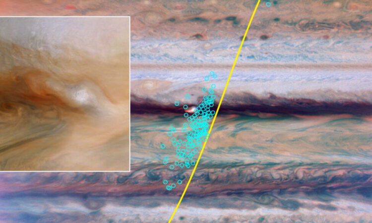 A sonda Juno da NASA passou de norte a sul (trajeto amarelo) sobre a atmosfera de Júpiter em 17 de agosto de 2022, detectando um conjunto de pulsos de rádio provenientes de raios (símbolos ciano indicam a direção de cada pulso captada pelo instrumento). No detalhe, uma pluma de supertempestade furtiva na Faixa Equatorial Norte de Júpiter em 12 de janeiro de 2022 (ampliada 3x). A cabeça da tempestade é branca devido aos cristais de amônia congelados; as nuvens mais vermelhas estão em camadas mais profundas da atmosfera. Fonte: NASA/JPL-Caltech/SwRI/MSSS/Björn Jónsson (JunoCam); Wong et al. (2026, AGU Advances; HST and Juno MWR)