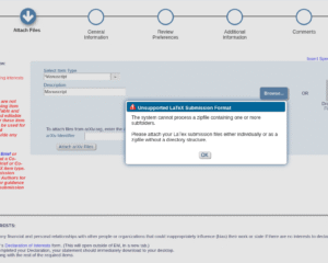 Parte superior da tela para envio de arquivos (Attach Files), com mensagens indicando que arquivos de texto devem ser editáveis e estarem sem estruturas de diretórios