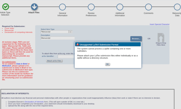 Parte superior da tela para envio de arquivos (Attach Files), com mensagens indicando que arquivos de texto devem ser editáveis e estarem sem estruturas de diretórios