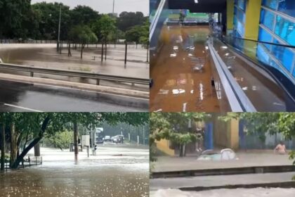 Imagens de alagamento no piscinão do Ipiranga, Carrefour, Jardim Botânico e Avenida Ricardo Jafet. Fonte: redes sociais