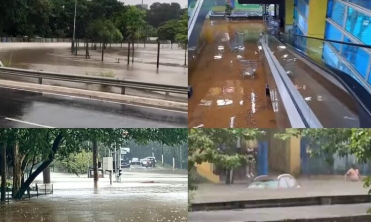 Imagens de alagamento no piscinão do Ipiranga, Carrefour, Jardim Botânico e Avenida Ricardo Jafet. Fonte: redes sociais