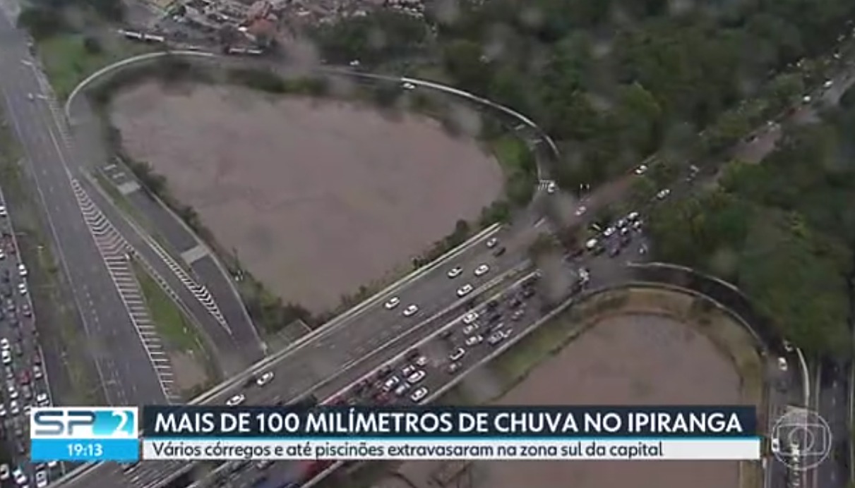 Imagem aérea do piscinão cheio. Fonte: Rede Globo