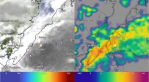 Imagens de satélite (esquerda) e radar de 15:50 de 10/05/2026 na região de Belém/PA. Fonte: Windy