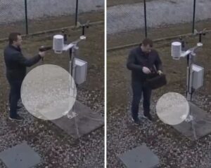 Cenas de vídeo que supostamente mostraria a ação de homem usando secador de cabelo para aquecer o ar junto a sensores de estação meteorológica automática de Roissy, junto ao Aeroporto Charles de Gaulle. Fonte: fluxcharts