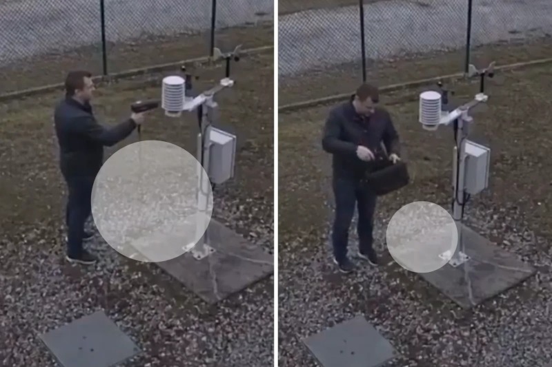 Cenas de vídeo que supostamente mostraria a ação de homem usando secador de cabelo para aquecer o ar junto a sensores de estação meteorológica automática de Roissy, junto ao Aeroporto Charles de Gaulle. Fonte: fluxcharts